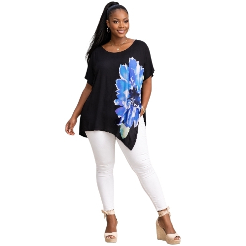 Cato Black Top with Blue Floral Accent